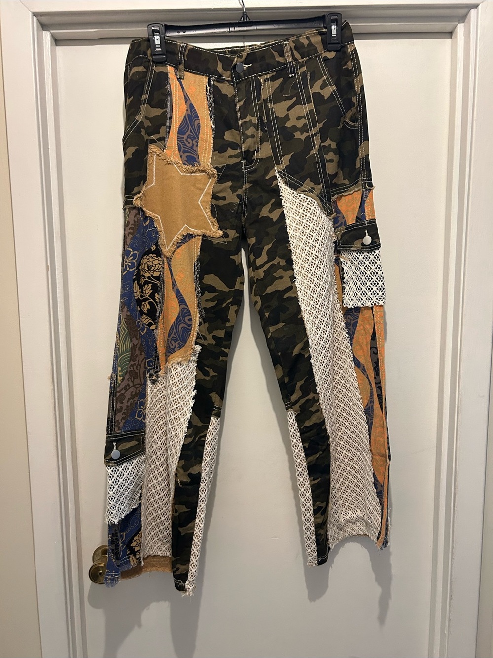POL Camouflage Patchwork Cargo Pants with Orange and Blue Accents